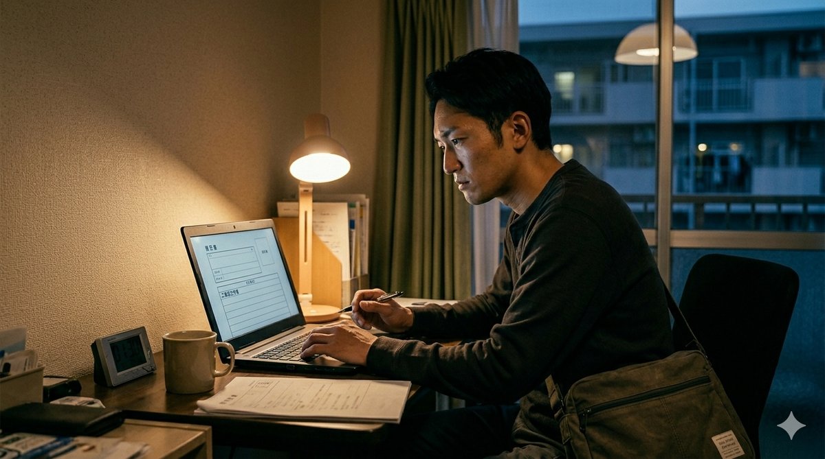 職務経歴書の前でフリーズした夜のイメージ