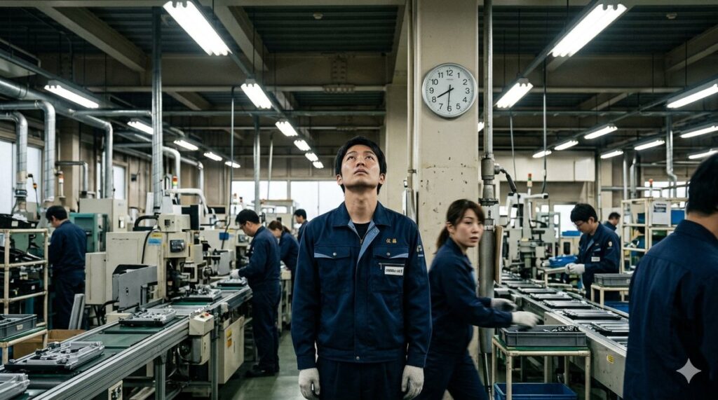 工場で働くことが合わない人の特徴・ライン作業中に時計を見上げる工場勤務者