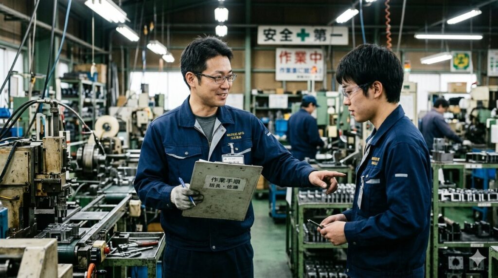 30代の工場勤務者が持っている強み・班長が後輩に指導するイメージ