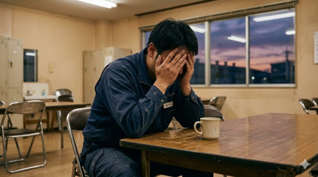 工場を辞めたいが限界のサインになっているとき・休憩室で疲弊する工場勤務者