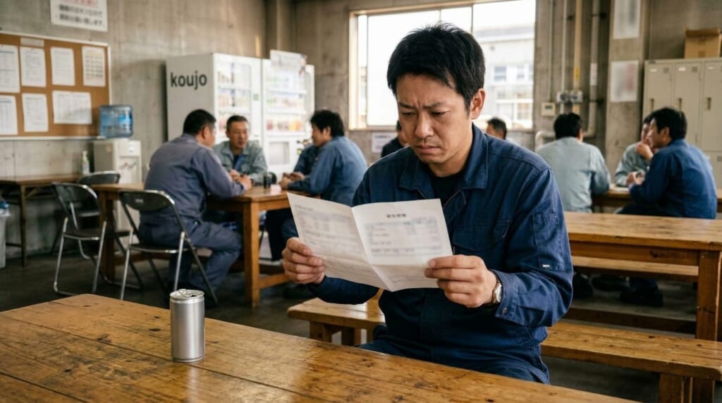工場の休憩室で給与明細を見つめる作業着の男性