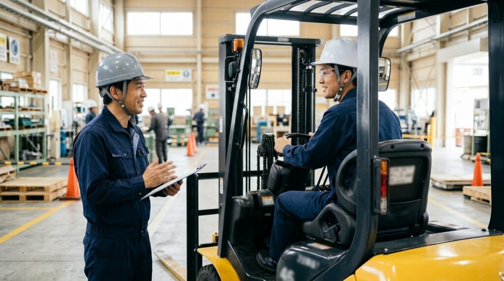 指導員の説明を聞きながらフォークリフトの実技講習を受ける男性