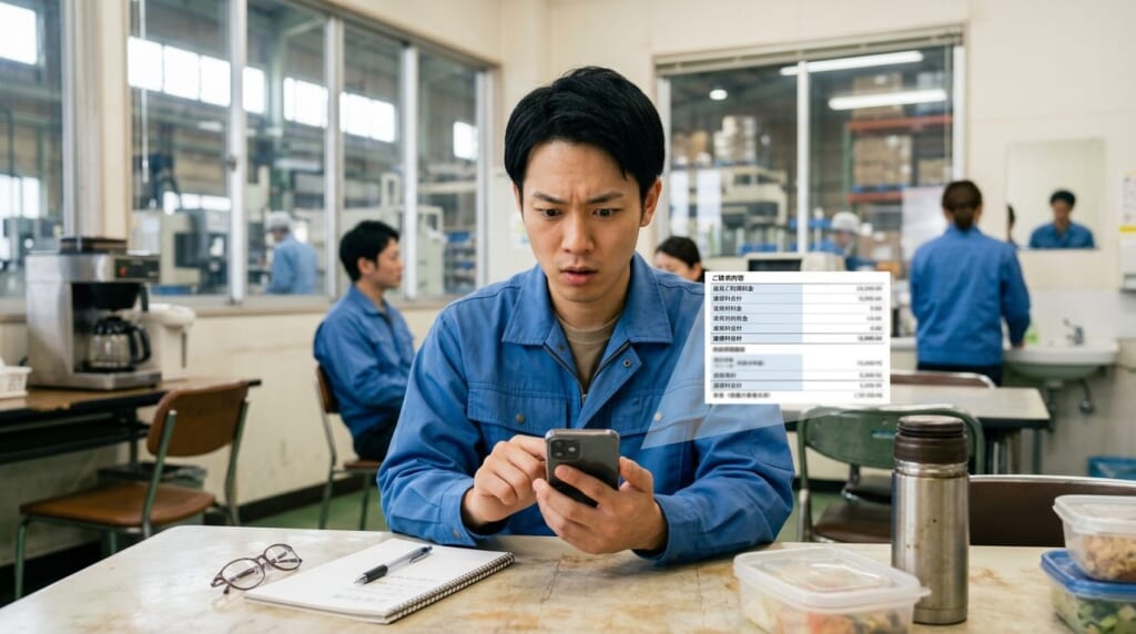 休憩室でスマホの料金明細を見て驚く工場勤務の男性