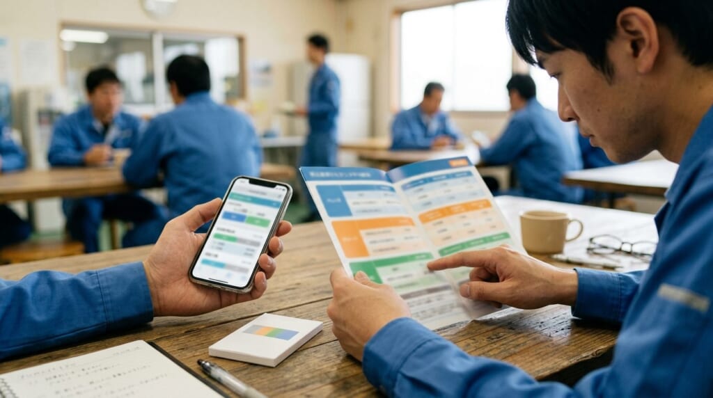 休憩室でスマホとパンフレットを使って格安SIMの料金を比べる作業着の男性