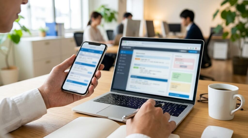 スマホとノートパソコンで転職サイトの求人を見比べる手元