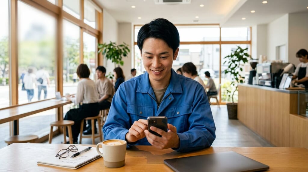 カフェでスマホを見ながら転職サイトを比べる作業着の男性
