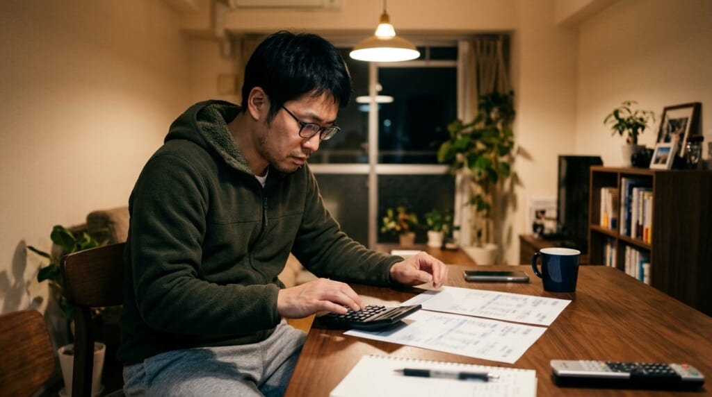 自宅のテーブルで2枚の給与明細を並べて電卓で比べる男性