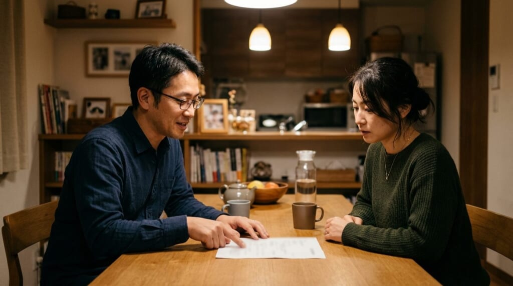 夜のダイニングで紙を見せながら妻に転職の相談をする40代の男性