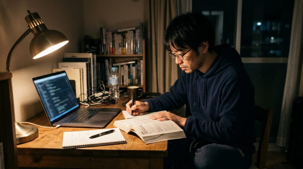 夜に自宅の机でノートパソコンを使ってプログラミングを学ぶ男性