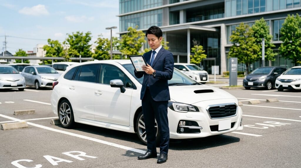 駐車場の営業車の横でタブレットを見て次の訪問先を確認するスーツの男性