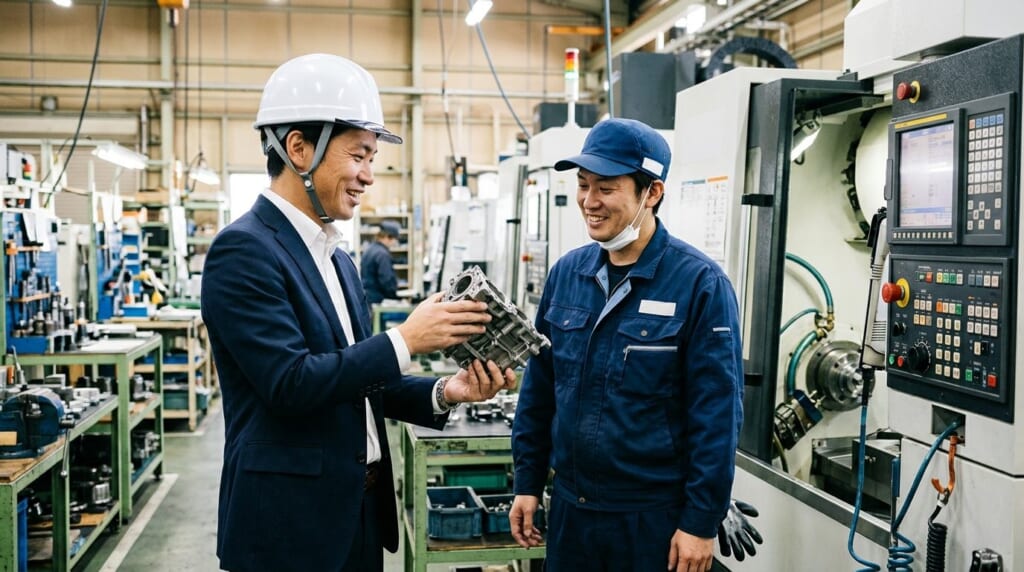 取引先の工場で工作機械の前に立ち部品を見せて説明する営業の男性