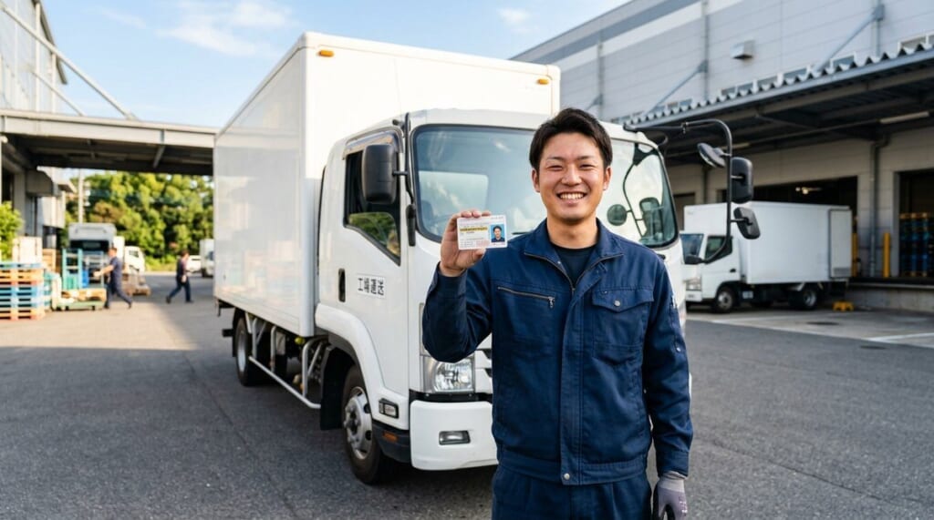 物流センターのトラックの前で免許証を手に笑顔を見せる作業着の男性