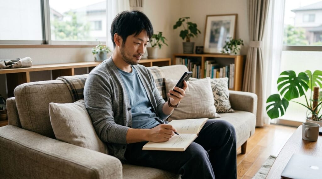 休日の自宅のソファでスマートフォンの求人を見ながらメモを取る男性