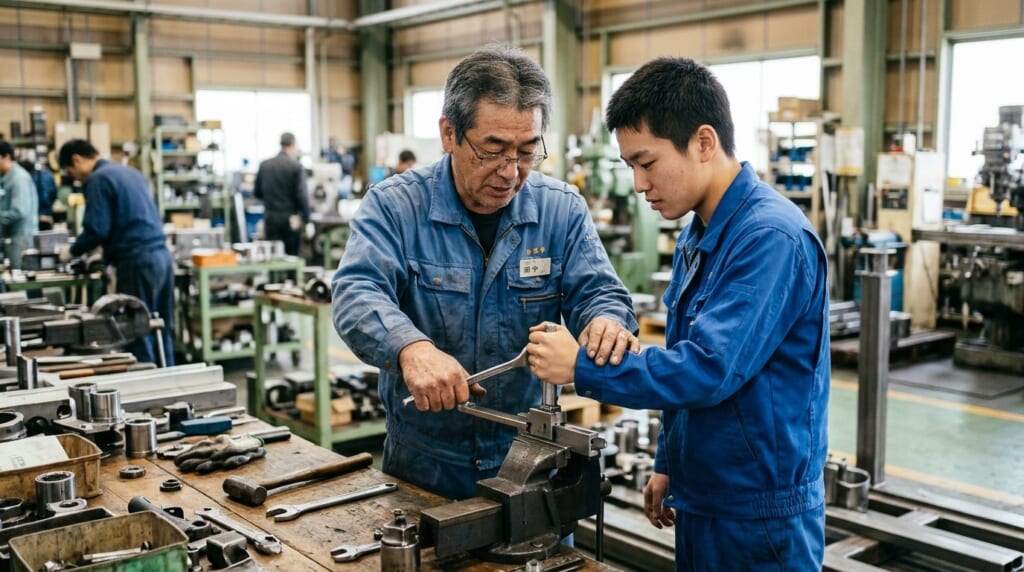 工場の作業台で若手に工具の持ち方を教える50代のベテラン