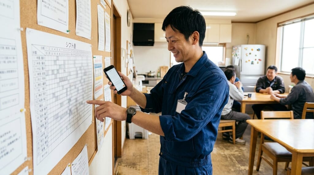 工場の休憩室でシフト表とスマートフォンの予定を見比べる作業着の男性