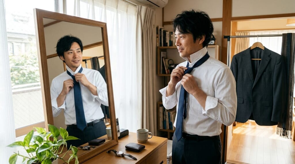 仮眠のあと鏡の前でネクタイを締めて面接に向かう準備をする男性