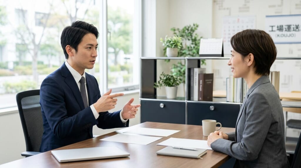 面接で自分の工場での経験を言い換えて説明する男性