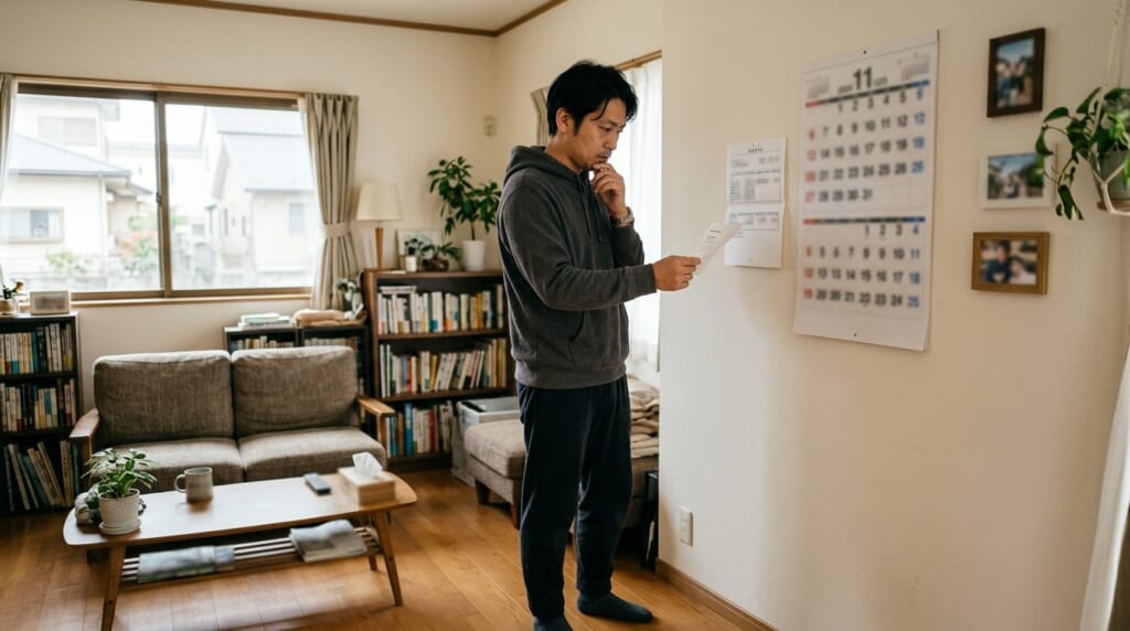 自宅のカレンダーの前で給与明細を見ながら退職の時期を考える男性