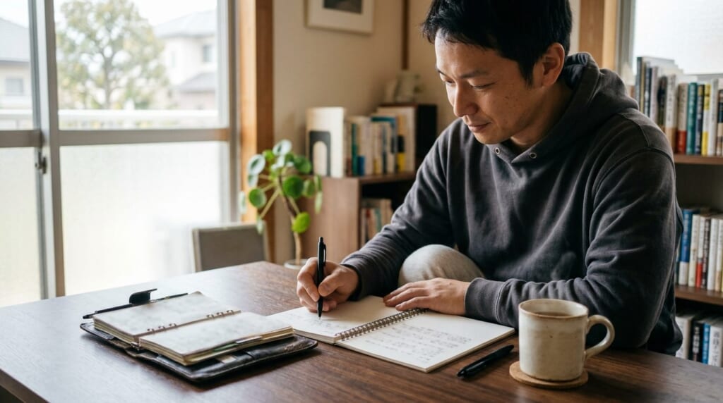 自宅の机で作業手帳を見ながらこれまでの仕事を書き出す男性