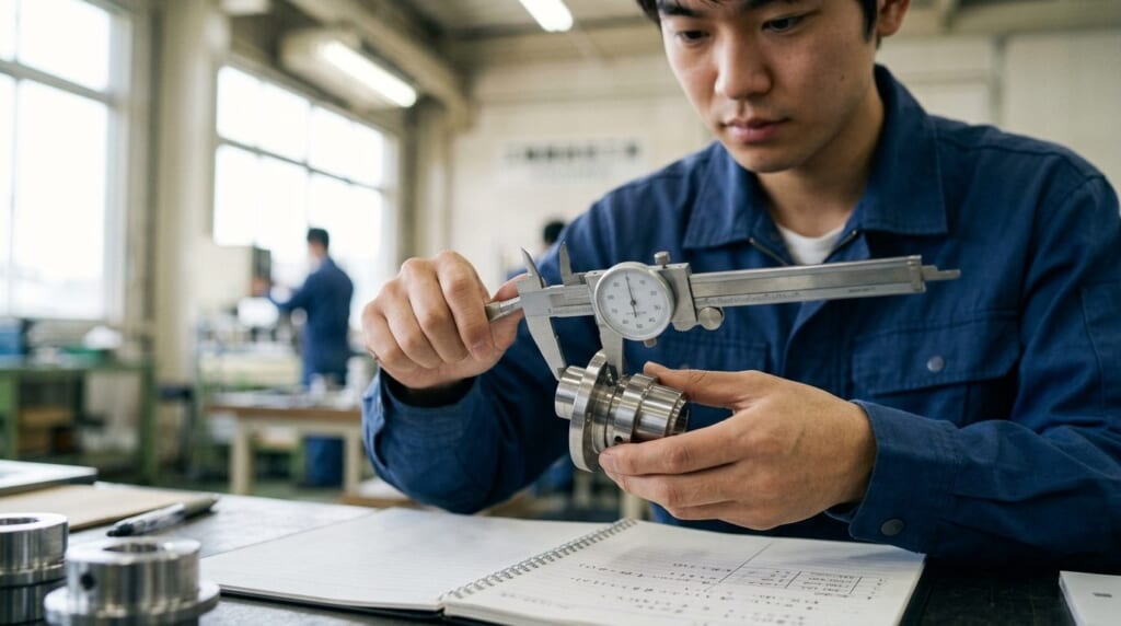 検査工程でノギスを使って部品の寸法を測る作業着の男性