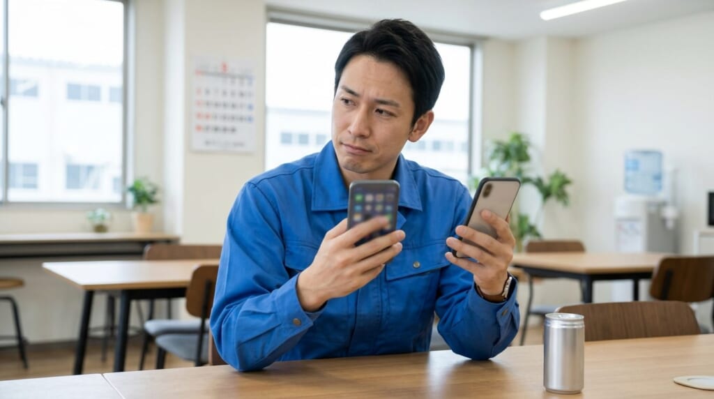 工場の休憩室で2台のスマートフォンを見比べる作業着の男性