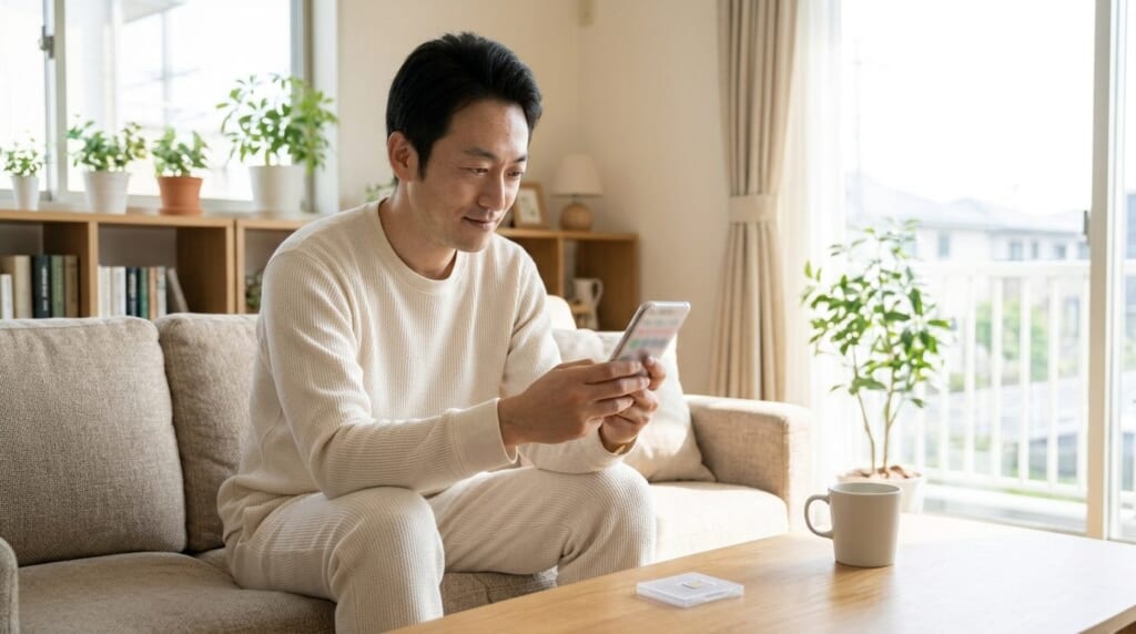 休日の午前中に自宅のソファでスマートフォンの乗り換え手続きをする男性