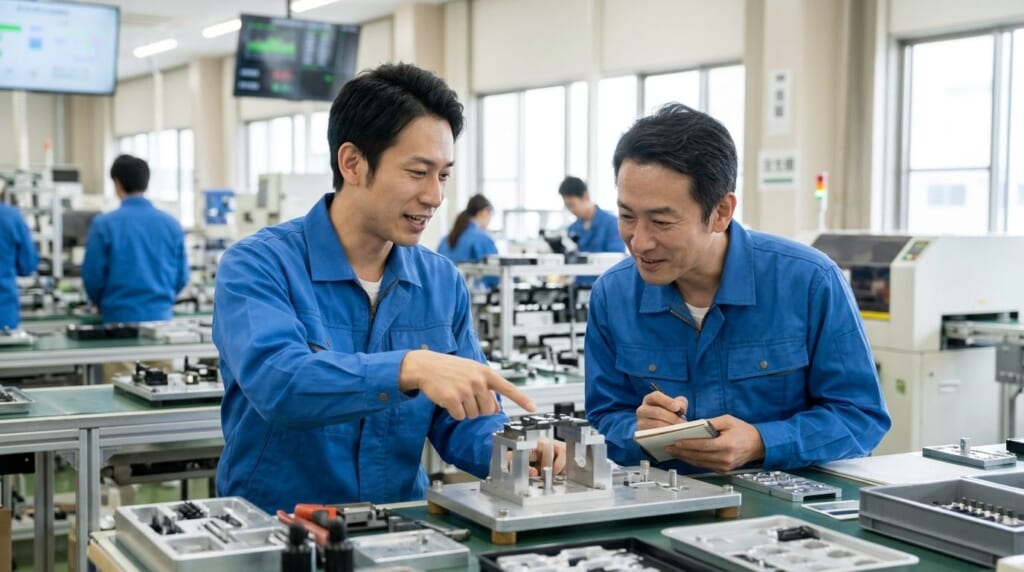 組立ラインで治具を指さし先輩に改善のアイデアを説明する作業着の男性