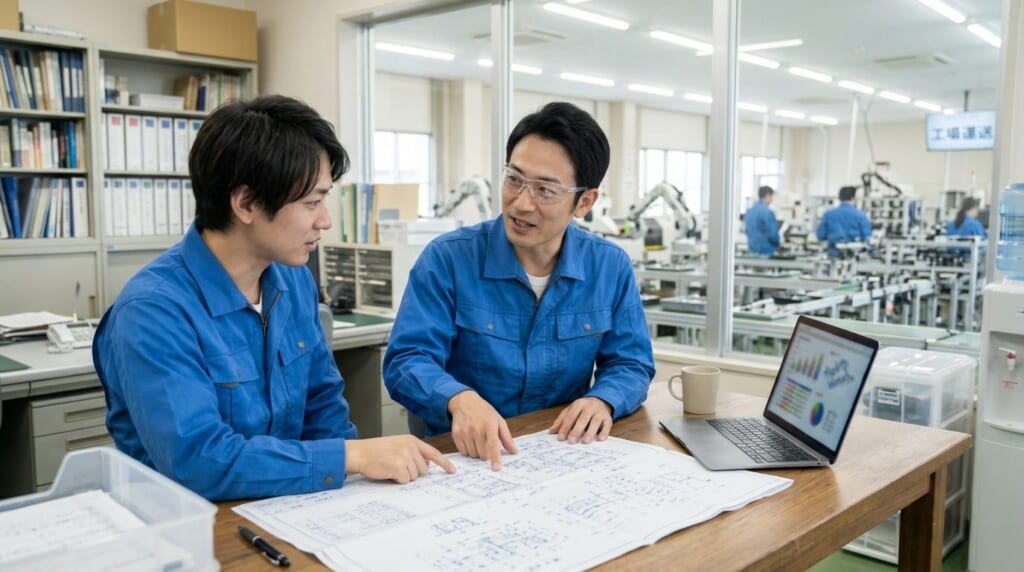 工場の事務所で図面を広げて同僚と相談する作業着の男性