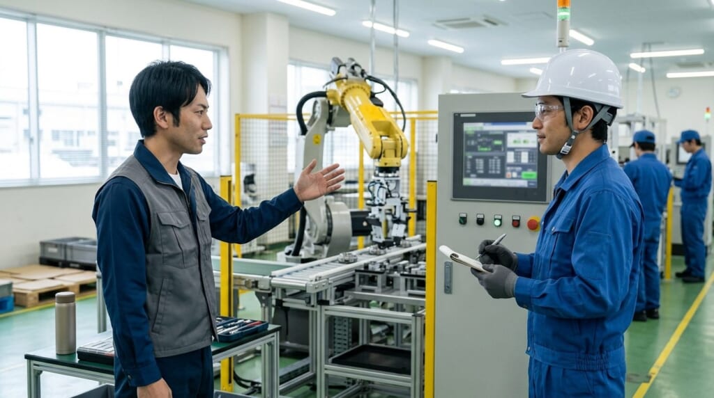 工場のロボットの前で設備メーカーの担当者と打ち合わせをする生産技術者