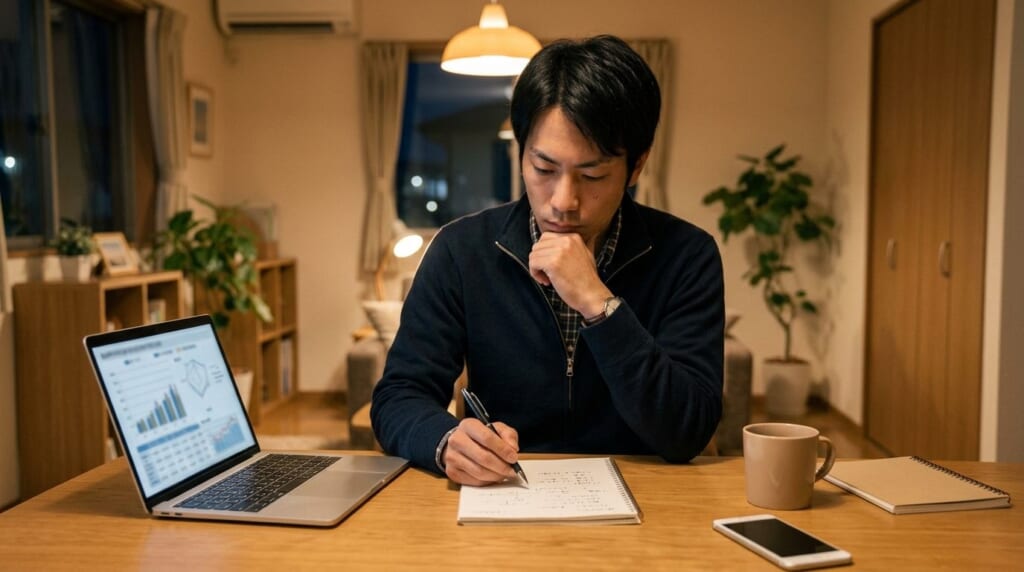 夜に自宅でノートパソコンとメモを並べて経歴をまとめる男性