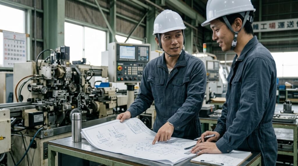 設備の前で図面を広げて工程改善を話し合う作業着の男性たち
