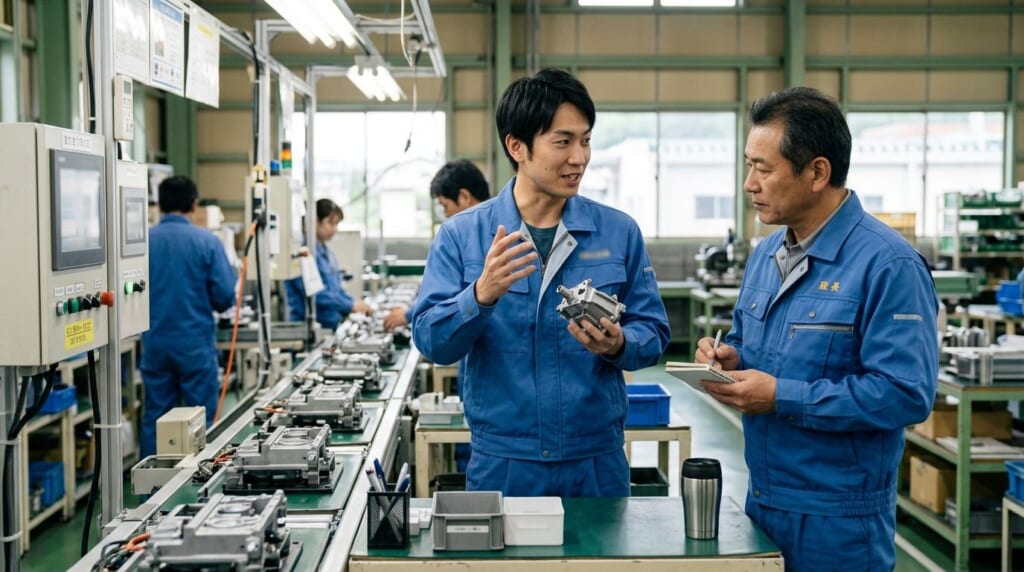 ラインの脇で班長に改善のアイデアを説明する作業着の男性