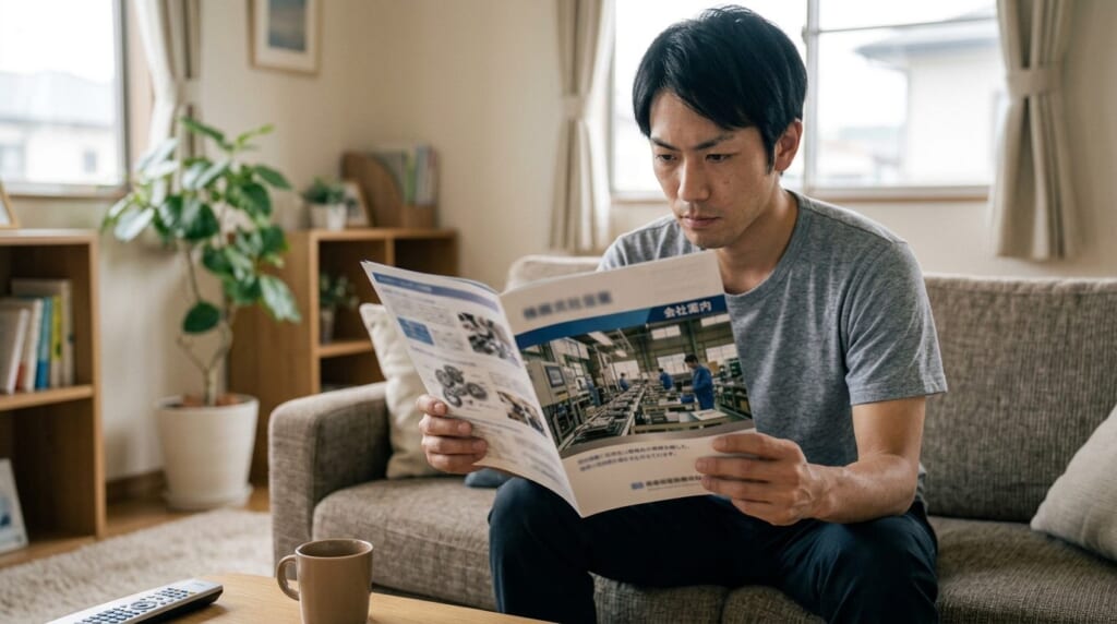 自宅で会社案内のパンフレットを読む男性