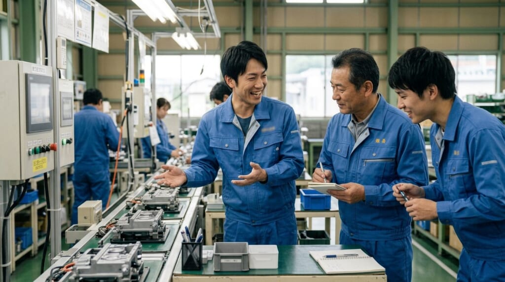 組立ラインで声をかけ合う作業着の作業員たち