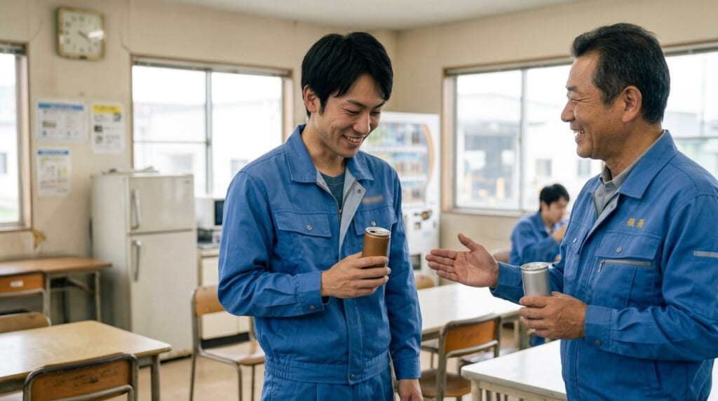 休憩室で同僚から長所を言われて照れる作業着の男性