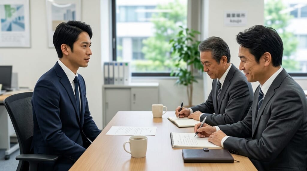 面接官2人の前で落ち着いて話すスーツ姿の男性