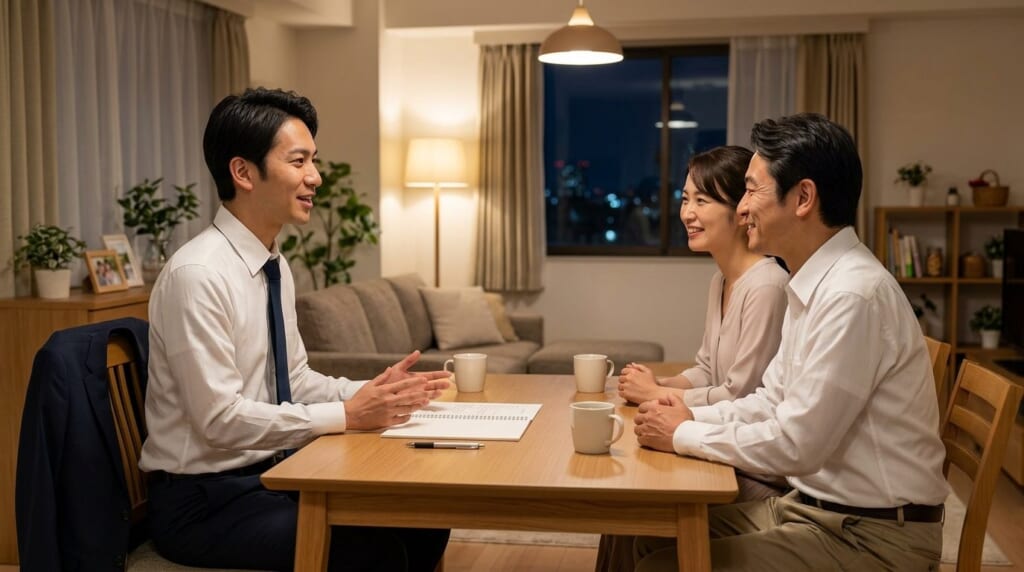自宅で家族に面接官役をしてもらい受け答えを練習する男性