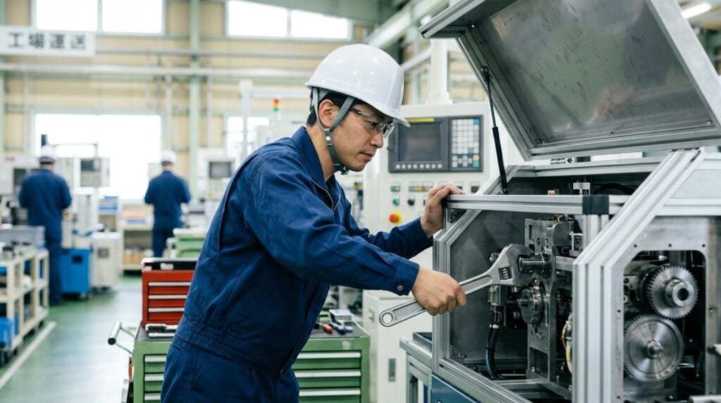工場の設備を開けてレンチで点検する作業着の男性