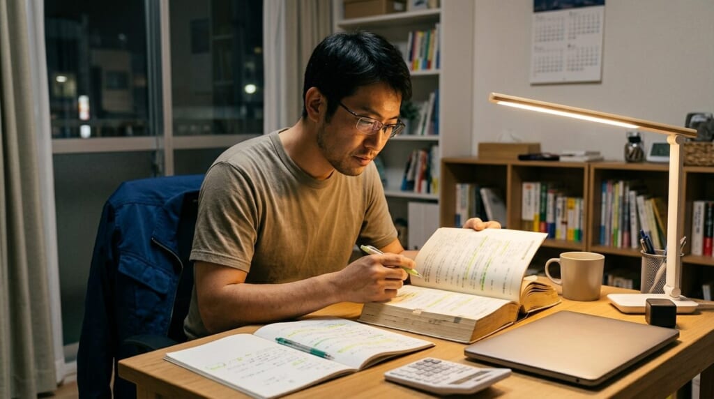 夜に自宅で資格の参考書を開いて勉強する男性