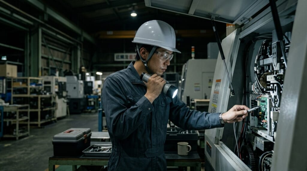 夜の工場で懐中電灯を手に機械の不具合を調べる保全担当者