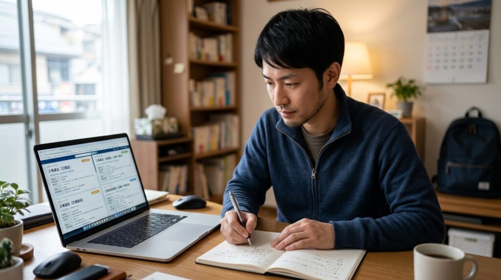 ノートパソコンで求人情報を比べながらメモを取る男性
