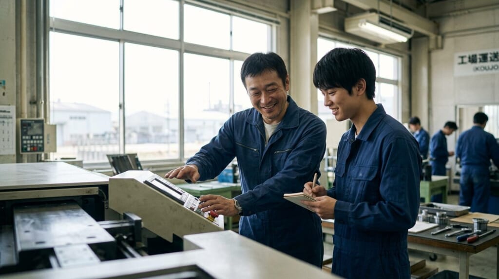 昼の工場で若手に設備の操作を教える40代の男性